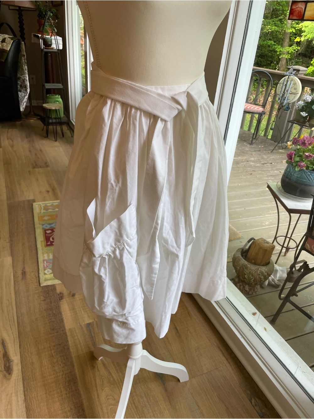White Gathered Kitchen Apron  Waist Tie Handmade